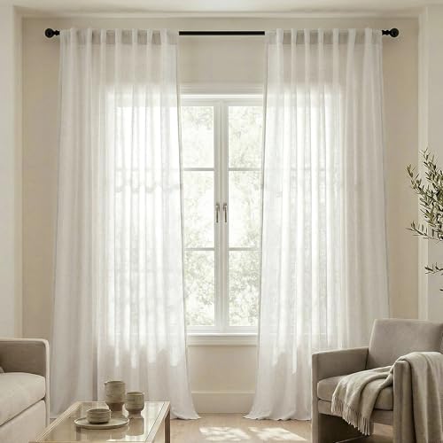 108 Inches Long Cream Beige Linen Curtains for Living Room Large Window Back Tab Rod Pocket 9FT Ivory Semi Sheer Window Curtain Drapes 108 Inch Length for Bedroom High Ceiling Balcony,2 Panels Set