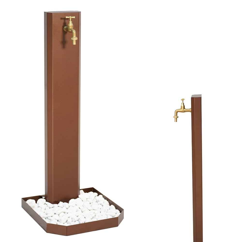 Fontana da giardino, per esterno. Fontanella a colonna moderna, colore effetto Corten, in acciaio. Rubinetto in ottone, flessibile, raccordo e ciottoli Compresi. Altezza 1mt