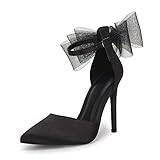 Coutgo Women's Closed Pointed Toe High Heels with Bow Knot Ankle Strap Satin Stiletto Pumps Black
