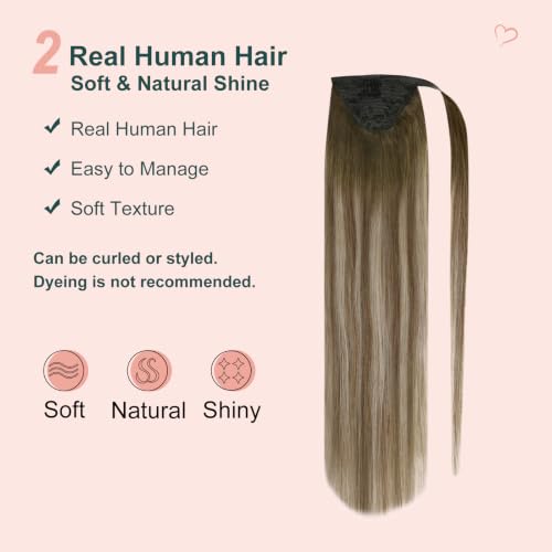 Image of Easyouth Pony Tail Extensions, 14 Inch 70G, Ombre Brown Balayage Dark Brown to Light Brown with Blonde, Natural Look, for Women Party Wear