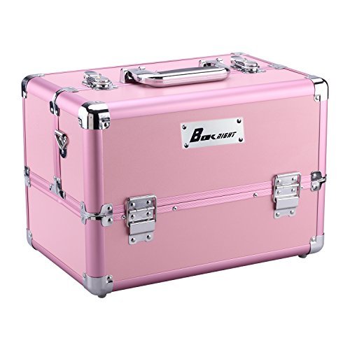 Makeup Train Case， 14'' x 10'' x 9'' Aluminum Cosmetic Box, 6 Trays Professional Large Makeup Box Organizer with Shoulder Strap, Lockable Make Up Artist Organizer Kit Include 2 Keys (Pink)