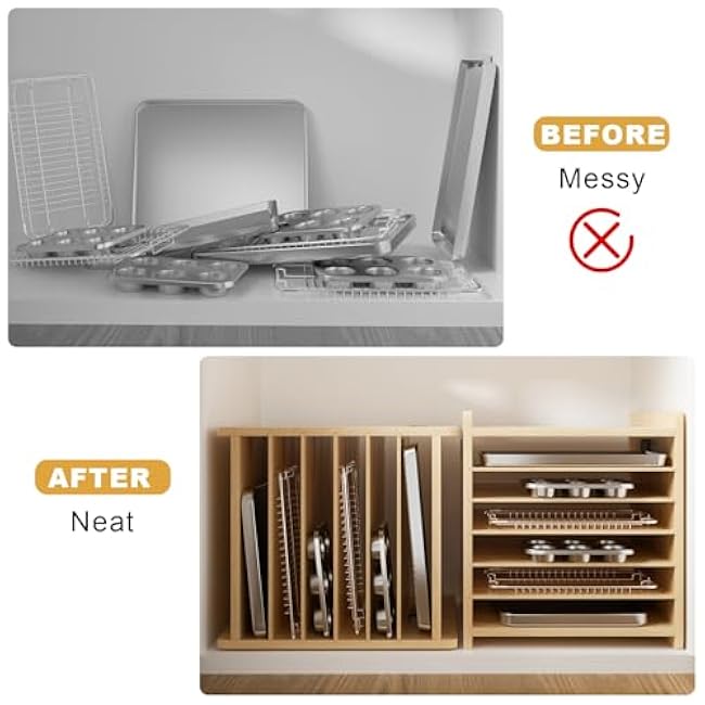 7 Tier Wooden Tray Dividers for Cabinets Cookie Sheet Organizer for Pot, Pans, Baking Tray Organizer for Kitchen Documents Storage(20 W x 16.5 H x 15.2 D)