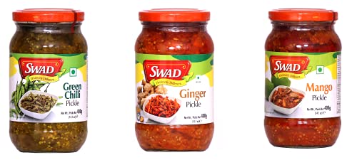 Image of SWAD Delicious Pack of Green Chilli Pickle / Hari Mirchi Achar - 400g| Ginger Pickle /Achar, 400 g| Mango Pickle / Aam ka Achar - 400g Pack of 3