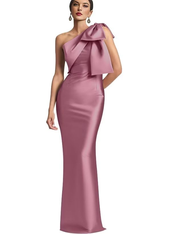 Image of One Shoulder Bridesmaid Dresses with Bow Long Mermaid Satin Back Slit Mother of The Bride Dresses PM004