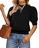 ATHMILE Women's Puff Short Sleeve Knit Sweater Tops 2025 Spring Summer Fall Trendy Crew Neck Casual T Shirts Blouses A-Black