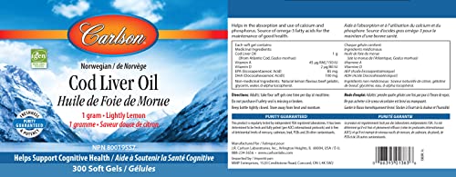Carlson - Cod Liver Oil, 460 Mg Omega-3S + Vitamins A & D3, Wild-Caught Norwegian Arctic Cod-Liver Oil, Sustainably Sourced Nordic Fish Oil Capsules, Lemon, 300 Softgels #TOP1