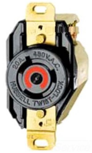 Locking Devices, Twist-Lock, Industrial, Flush Receptacle, 20A 480V AC, 2-Pole 3-Wire Grounding, L8-20R, Screw Terminal, Black