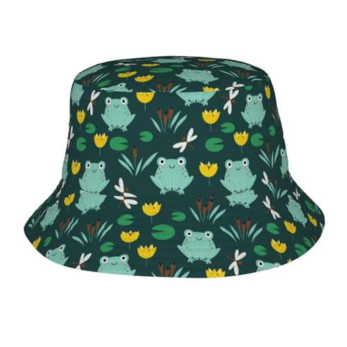 Funny Frogs Pond Plants Dark Green Bucket Hats Fashion Sun Cap Packable Outdoor Fisherman Hat for Women and Men