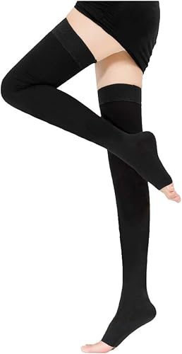 Miniatura 6 de Medias de compresión altas hasta el muslo para mujeres y hombres de 20-30 mmHg, calcetines de compresión graduados con punta abierta, manguera de