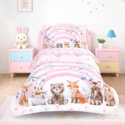 Image of Hooyax Toddler Bedding Set for Girls - 4 Piece Rainbow Toddler Comforter Set Includes Fitted Sheet, Comforter, Pillowcase & Flat Sheet - Soft Comfort Microfiber for All Seasons