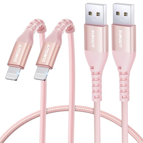 SUNGUY USB-A to Lightning Cable 2FT [2Pack ], USB to Lightning Cable for Car, iPhone Charger Cord Nylon Braided Compatible with iPhone 14/13/12/11 Pro Max Mini X XS XR 8 Plus 10 SE iPad, Pink