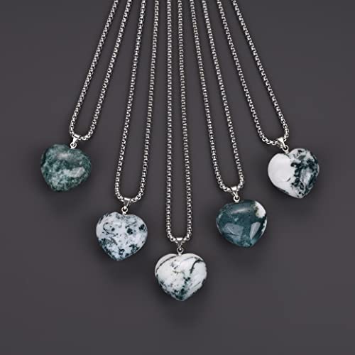 Coai Stainless Steel Heart Moss Agate Stone Crystal Pendant Necklace #TOP3