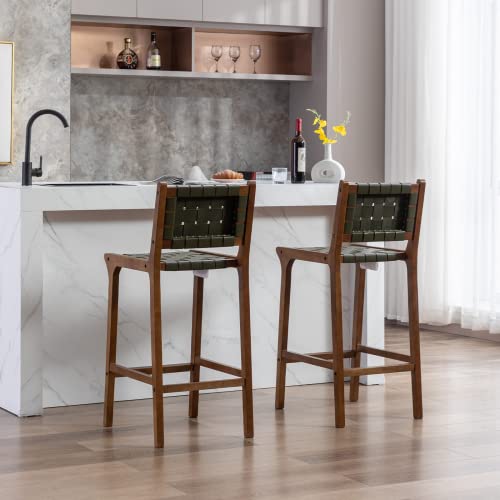 Chairus 28.5" Faux Leather Barstools Bar Height Set Of 2 With Woven Seat And Backrest Modern Square Faux Leather Straps Counter High Bar Stool Chairs With Wooden Footrest For Kitchen/Home Bar, Green #TOP5