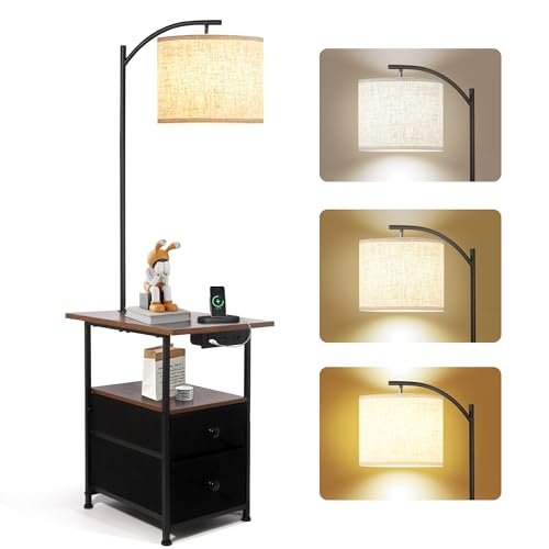 PESRAE Floor Lamp with Table & 2 Drawers, End Table with 3 Color Temperature Reading Light, Side Table Lamp with USB & Type C & AC Charging Port for Living Room, Bedroom