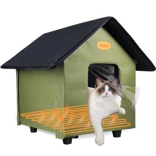 Heated Cat House Outside Weatherproof for Winter, Elevated Insulated Waterproof Outside Cat House Heated Feral Cat Shelter, Easy Assembly, Warm for Outdoor Cats in Winter (Green)