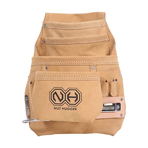 Nut Hugger 10-Pocket Suede Leather Tool and Nail Pouch - Easy Access to Hand Tools, Square, Chalk Box and Screwdrivers, Steel Hammer Loop and Tape Measure Clip for Electricians, Contractors, Framers