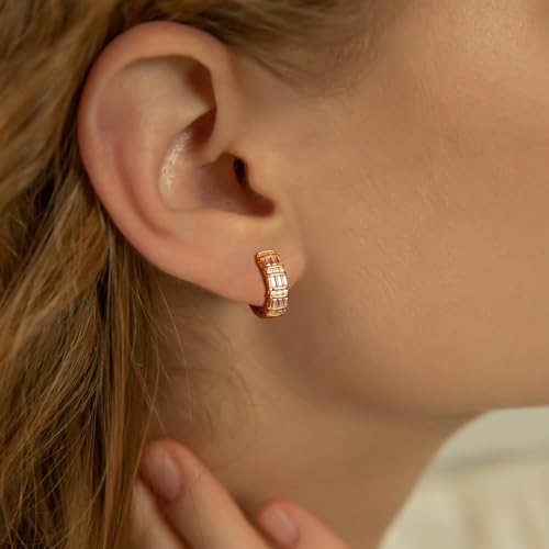 Emerald Cut Moissanite Hoop Earrings for Women 14K Gold Plated/925 Sterling Silver 15mm/21mm Huggie hoop Earrings Anniversary Valentine's Day Christmas Jewelry(with Box)2