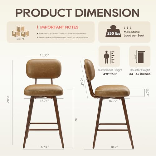 Image of MALOL 26 inch Swivel Bar Stools Set of 6, Mid Century PU Leather Counter Height Bar Chairs with Low Back and Metal Legs, Modern Bar Stool Chair for Kitchen Island, Brown