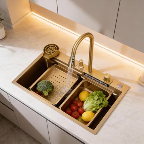 Image of Wallace 304 Grade Gold Single Bowl Multifunction Kitchen Sink 30 x 18 x 10 Inch | Stainless Steel Workstation Sink with Integrated Waterfall Cup Washer Drain Basket RO Tap & Pull Down Faucet