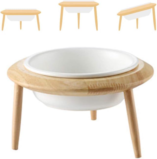 Blanco Ceramica Comedero Elevado Perro y Comedero Regulable Gato - 800 ml - En un Elegante Soporte de bambú - (3 métodos de instalación para Diferentes Alturas)