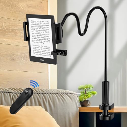 Premium Adjustable Tablet Holder with Remote Page Turner – Versatile Kindle Holder & Stand for Reading in Bed, Desk, Treadmill – Compatible with Kindle Paperwhite, Oasis, iPad, Smartphones & More
