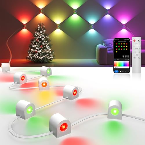 8 Lamp RGBCW Indoor Wall Lights, Up Down Lighting Bedroom Wall Sconces, Music Sync, DIY Styling White Color Changing Wall Lamps For Living room, Party, Home Decor, Compatible Alexa/Google Assistant