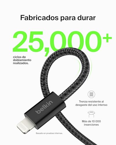 Cables para iPhone serie 14 Belkin USB-A a Lightning trenzados negros de 1,5m 3