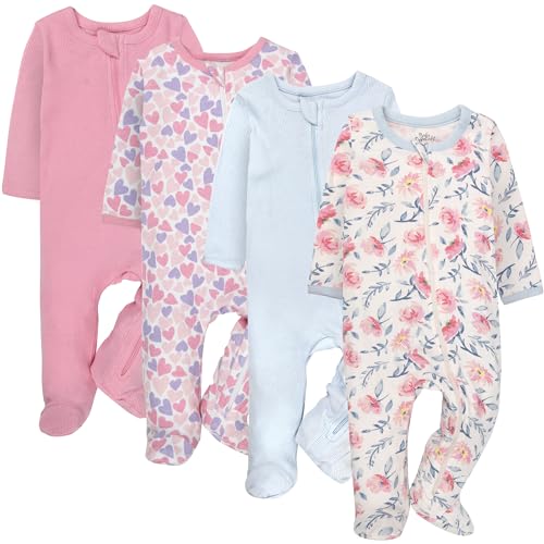 Image of Baby Essentials Girls 4 Piece Patterned and Solid Pack Footies