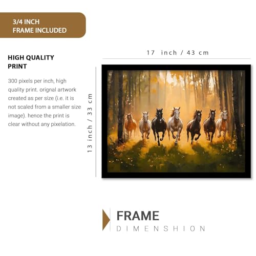 Image of HOTHOUSE 7 Horses Vastu Frame Wall Art Painting for Living Room Bedroom Office Home Decor | Seven Running Vastu Lucky Horse Rising Sun Painting Wall Decor Size (13X17 inch)