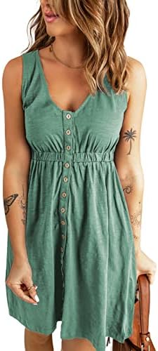 Ecrocoo Women's V Neck Sleeveless Swing Mini Dresses Casual Summer Plain Elastic Waist Tank A-Line Button Down Dress,Green M