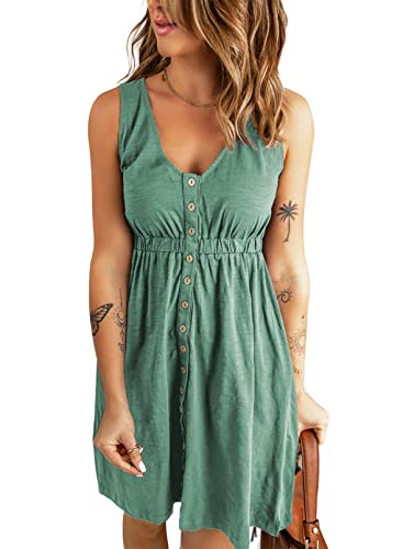 BLENCOT Women's Summer V Neck Button Front Midi Dress Casual Sleeveless Pleated Swing T-Shirt Dresses Green L