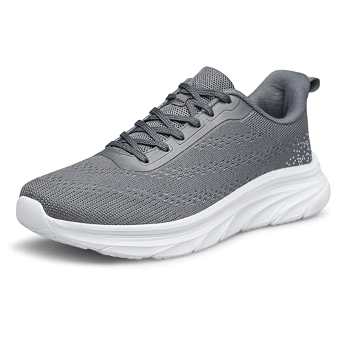 YHOON Mens Walking Trainers Casual Breathable Running Shoes Sport Athletic Sneakers Gym Tennis Slip On Comfortable Lightweight Trainers Grey Size 13