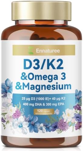 Vitamin D3 K2 Omega 3, 4 in 1 Omega 3 D3 K2 Magnesium Kapseln, 1600mg Algenöl mit 800mg DHA & 600mg EPA + 2000 IE Vitamin D3 + 80 µg Vitamin K2 pro 2 Portionen, 120 Softgels
