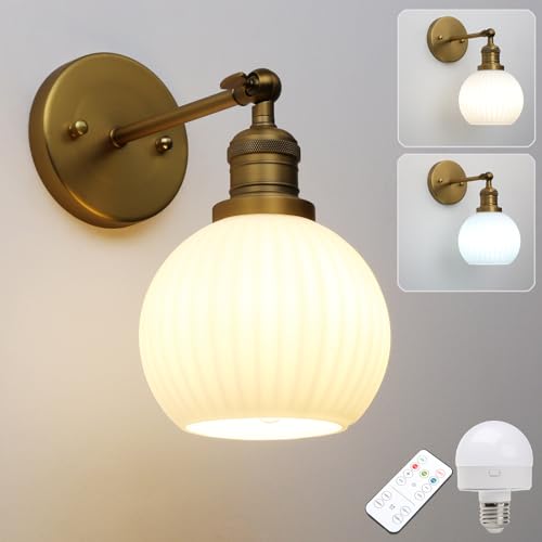 Image of Pathson Rechargeable Wall Sconce Lighting with Remote Control, Battery Operated Milk White Glass Wall Vanity Light, Cordless Dimmable Wall Indoor Led Wall Lamp Fixture for Bedroom Living Room