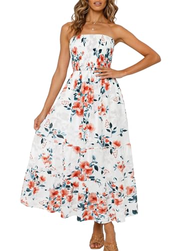 Image of ZESICA Women's Summer Boho Strapless Maxi Dress 2026 Casual Off Shoulder Smocked Flowy A Line Beach Holiday Long Dresses