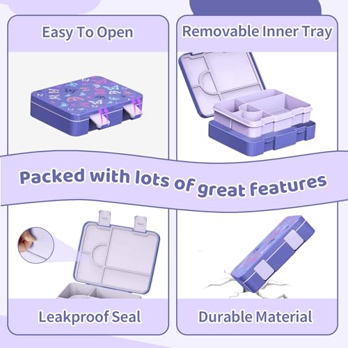 Image of Bento Lunch Box for Kids, Leak-Proof 5-Compartment Cute Lunchbox for Boys Girls, Drop-Proof, Food Container Microwave & Dishwasher Safe, Back to School Supplies for Ages 3 to 7, Purple /Butterfly