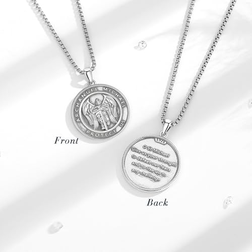 INFUSEU St Michael Pendant for Men Saint Michael the Archangel Necklace Sterling Silver 925 Medal Espada De San Miguel Arcangel Catholic Gifts Christian Jewelry Religious Sword Guard Knight Coin3