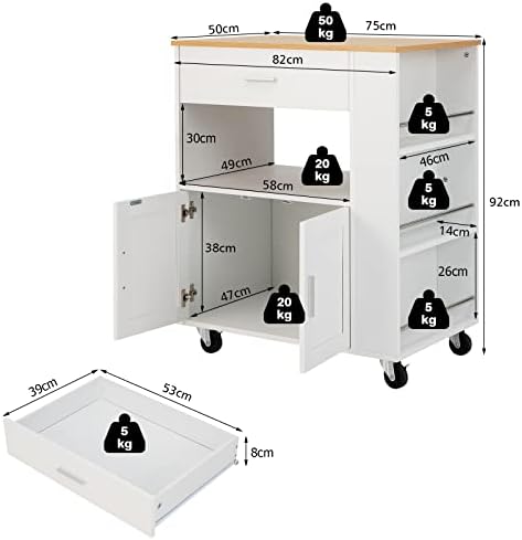 COSTWAY Kitchen Island Cart, Rolling Serving Storage Trolley with Towel Bar, Spice Racks, Drawer, Open Shelf & Wheels, 82x50x92cm Utility Organiser Cabinet