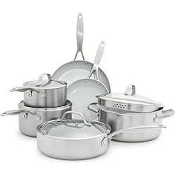 Sartenes Barcelona GreenPan Venice Pro Juego de 10 Ollas y Sartenes de Acero Inoxidable Triplemente Cerámico Antiadherente, Sin PFAS, Multicapa, Inducción, Apto para Lavavajillas, Apto para Horno, Plateado