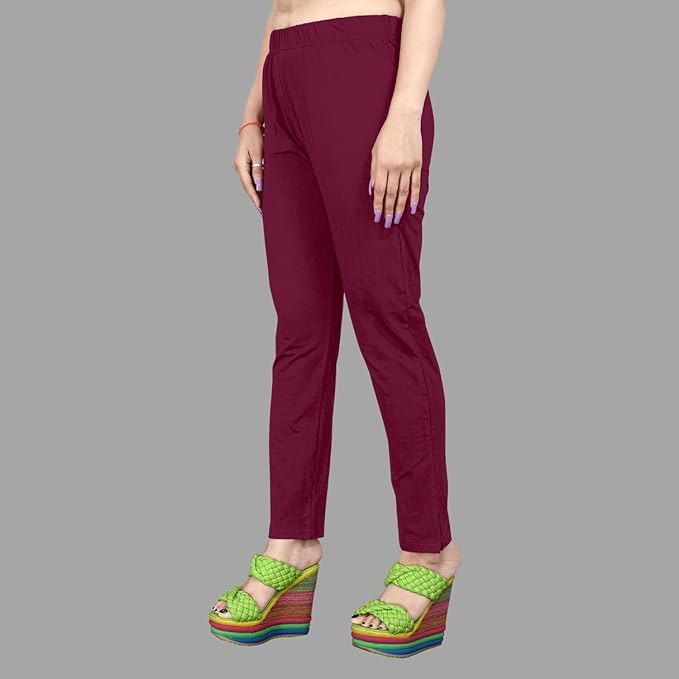 Image of Women's Solid Cotton Lycra Pants-High Waist Slim Fit Stretchable Leggings - Comfortable Long Trousers for Casual, Office & Everyday Wear