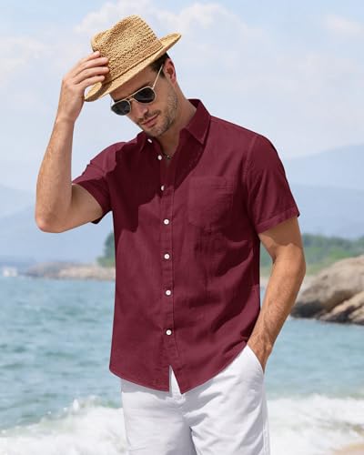 Image of J.VER Mens Linen Shirt Short Sleeve Button Down Casual Summer Shirts | Cotton Linen, Untucked, Big Tall, from Beach Camp Vacation, Cruise Fishing, Work Office, to Wedding Party Family, with Pocket