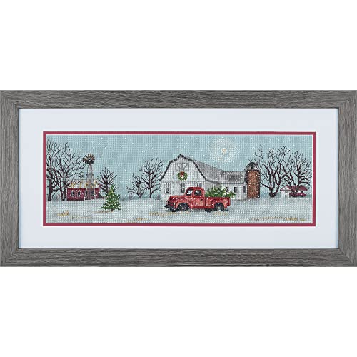 Image of Dimensions 70-08998 Winter Farm Christmas Counted Cross Stitch Kit, 18 inch x 6 inch, 14 Cnt. Blue Aida, 5pcs