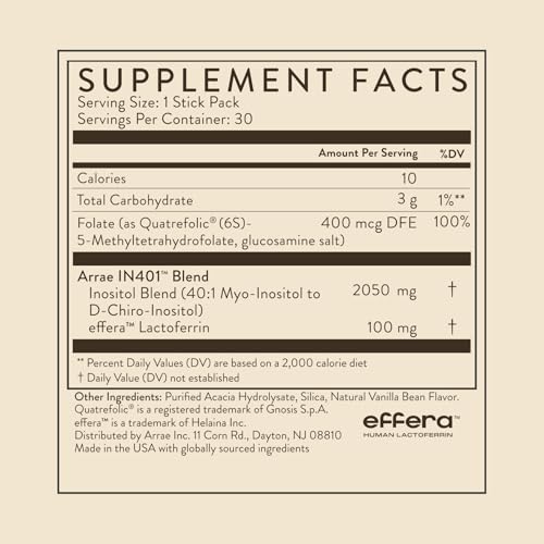Image of Arrae Inositol Supplement for Women - Supports Healthy Hormonal Balance, Regular Cycles, & Ovarian Health - 40:1 Myo & D-Chiro Raton with Lactoferrin & Folate - Vanilla Flavor - 30 Pack