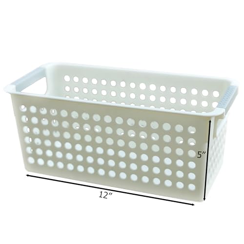 Image of Basicwise Rectangular Plastic Storage Basket with Easy-Grip Handles Ventilated Organizer Bin for Bathroom Pantry Closet Laundry Kitchen Shelves Countertops and Home Organization Essentials, White