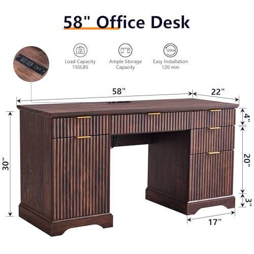 Image of 58 inch Modern Wood Executive Desk with 5 Drawers & 1 Cabinet, Built‑in Outlet | Fluted Computer Writing Desk for Study, Living Room, Bedroom, Dark Walnut
