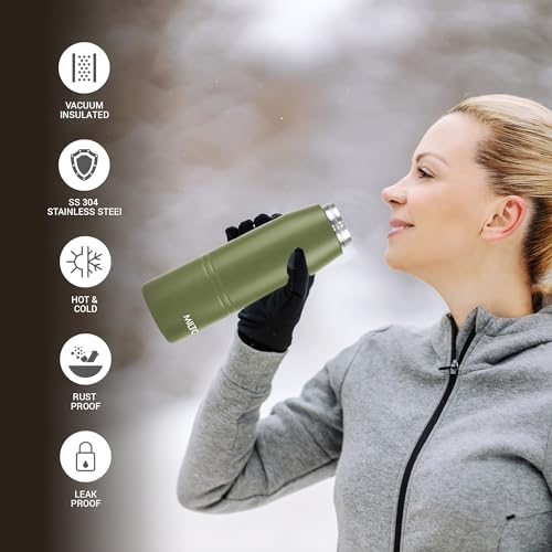 Image of Milton Sparkle 600 Thermosteel Water Bottle with Easy Sip Cap and Handle, 620 ml, Vacuum Insulated Stainless Steel, Hot and Cold, On The Go Bottle for Office College, Military Green