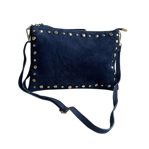 Bolso cartera bandolera serraje con tachuelas doradas. Asa de mano y correa larga ajustable e intercambiable. (Azul marino) Bolso cartera bandolera serraje con tachuelas doradas. Asa de mano y correa larga ajustable e intercambiable. (Azul marino)