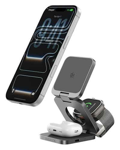 Image of 3 in 1 Charging Station for Apple - Qi2.2 25W Magnetic Wireless Charger for iPhone 17 /16-12, Apple Watch, AirPods, Travel Fast Charging Foldable Stand with 45W GaN Adapter, Aluminum Alloy Design