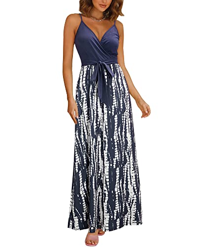 Image of OUGES Womens Summer Maxi Dress V Neck Floral Adjustable Spaghetti Strap Beach Dresses with Pockets