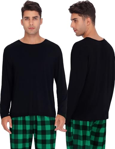 SWOMOG Christmas Pajamas for Women Men Long Sleeve Black Pull Over Top with Plaid Pajama Pants Pj Set Couples Pajama Set3